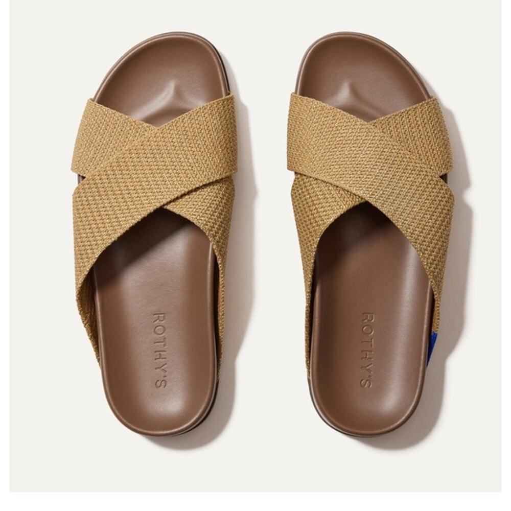 NWOT Rothy's The Weekend Slip On Slide Sandals Gold Shimmer Knit Size 7.5